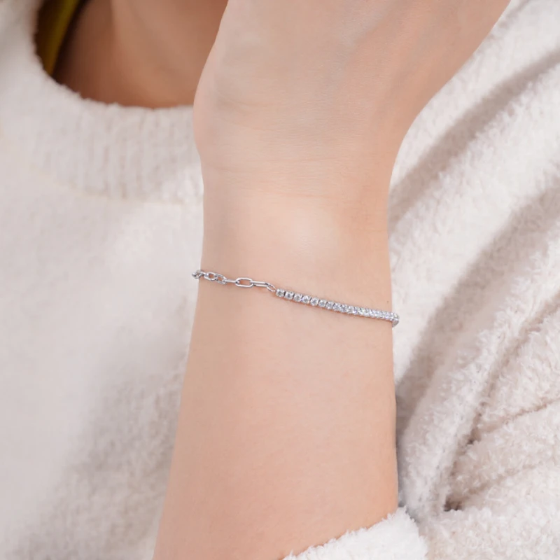White gold plated half tennis bracelet for women, featuring 925 sterling silver and moissanite stones – elegant gift from Mireli Jewelry.