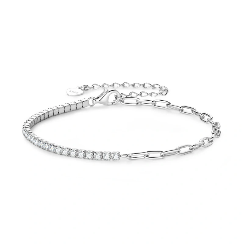 Delicate half tennis bracelet with moissanite stones, 18K white gold plated 925 sterling silver, adjustable design for women – Mireli Jewelry.