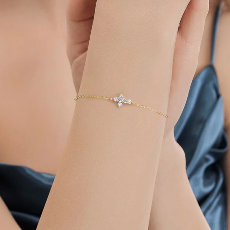 Luxury moissanite cross bracelet in 925 sterling silver with adjustable fit – elegant fashion jewelry gift for women by Mireli Jewelry