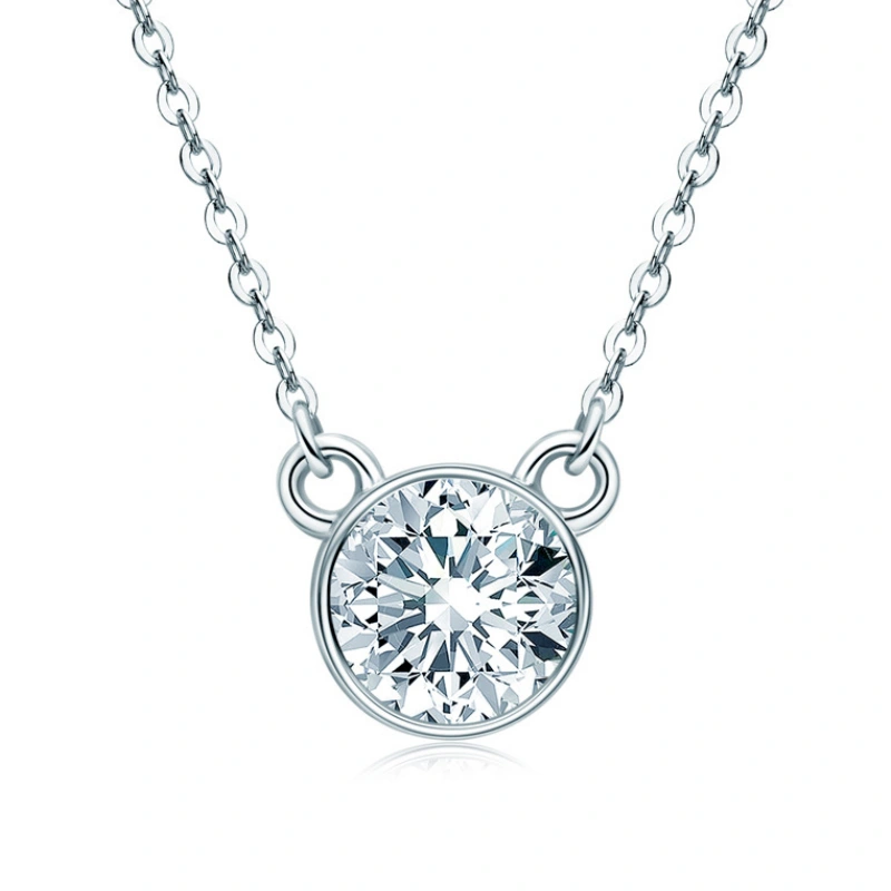White Aurora 1 Carat Moissanite Bear Necklace – Bezel Set Dainty Pendant in S925 Sterling Silver, Elegant Gift for Women by Mireli Jewelry