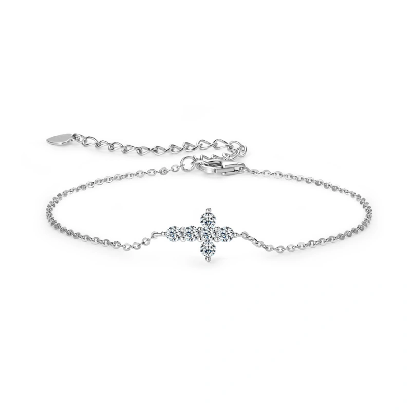 White moissanite cross bracelet for women in 925 sterling silver – minimalist adjustable gift jewelry by Mireli Jewelry