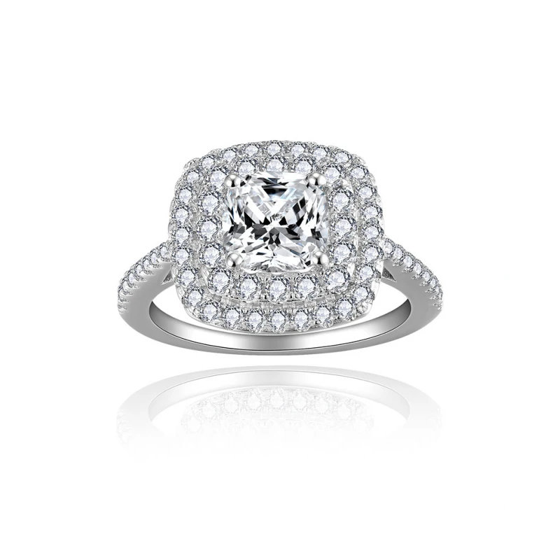 1.5 carat cushion cut moissanite engagement ring with double halo in 925 sterling silver and 18K gold plating – perfect gift for women