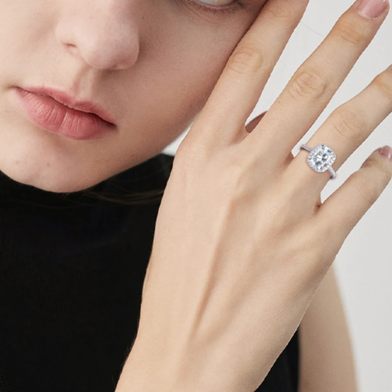 4 carat cushion cut moissanite wedding ring in sterling silver with halo setting, Mireli Jewelry, ideal gift for women