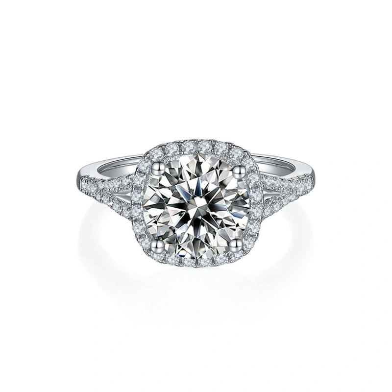 Aurora 3.0CT Moissanite Halo Engagement Ring with Double Cushion Halo Band in 925 Sterling Silver plated with 18K White Gold by Mireli Jewelry