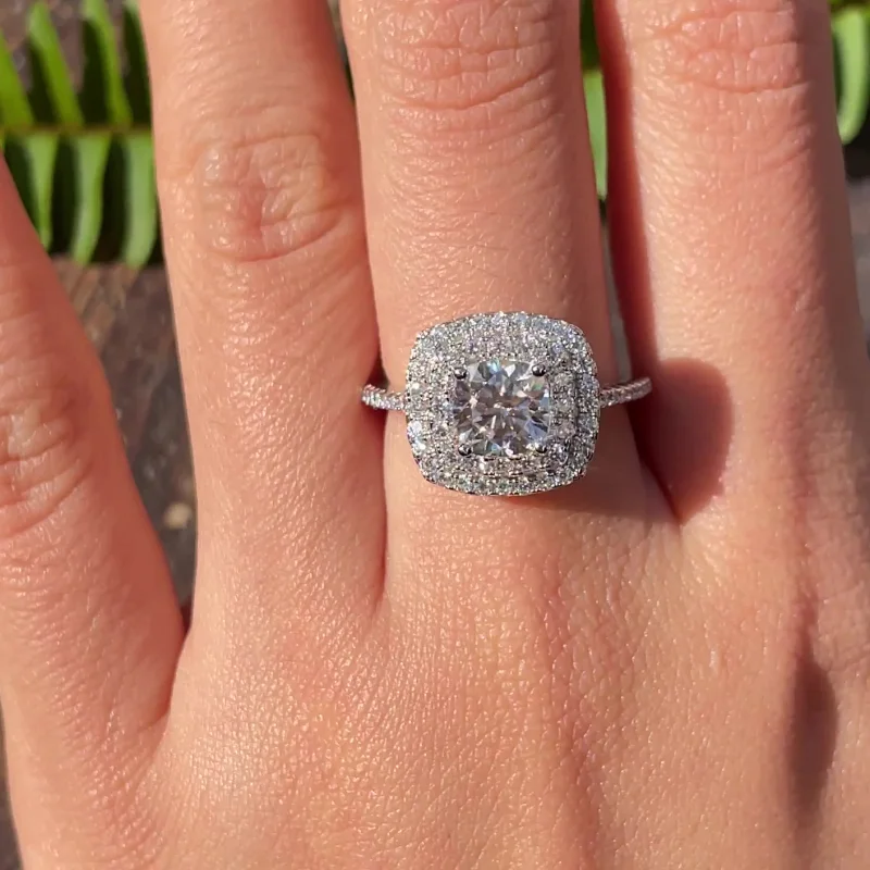 1.5 carat cushion cut moissanite engagement ring with double halo in sterling silver and 18K gold finish – elegant bridal ring for women by Mireli Jewelry