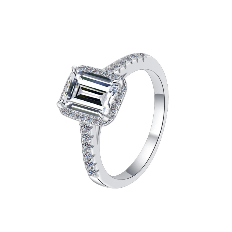 2 Carat Emerald Cut Moissanite Halo Engagement Promise Ring for Women in Sterling Silver – Mireli Jewelry Gift