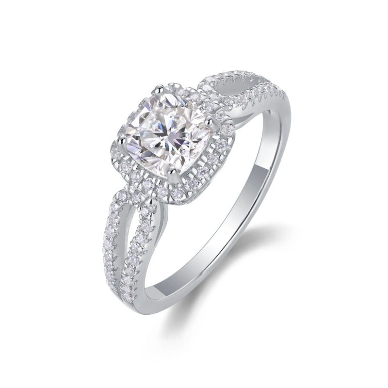 1.1CT cushion cut moissanite engagement ring with split shank and halo setting in 925 sterling silver, romantic fine jewelry by Mireli 1.1CT cushion cut moissanite engagement ring with split shank and halo setting in 925 sterling silver, romantic fine jewelry by Mireli