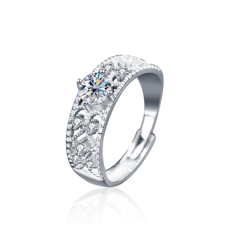 Adjustable moissanite engagement ring with open band in 925 sterling silver and 18K white gold plating – romantic gift for her