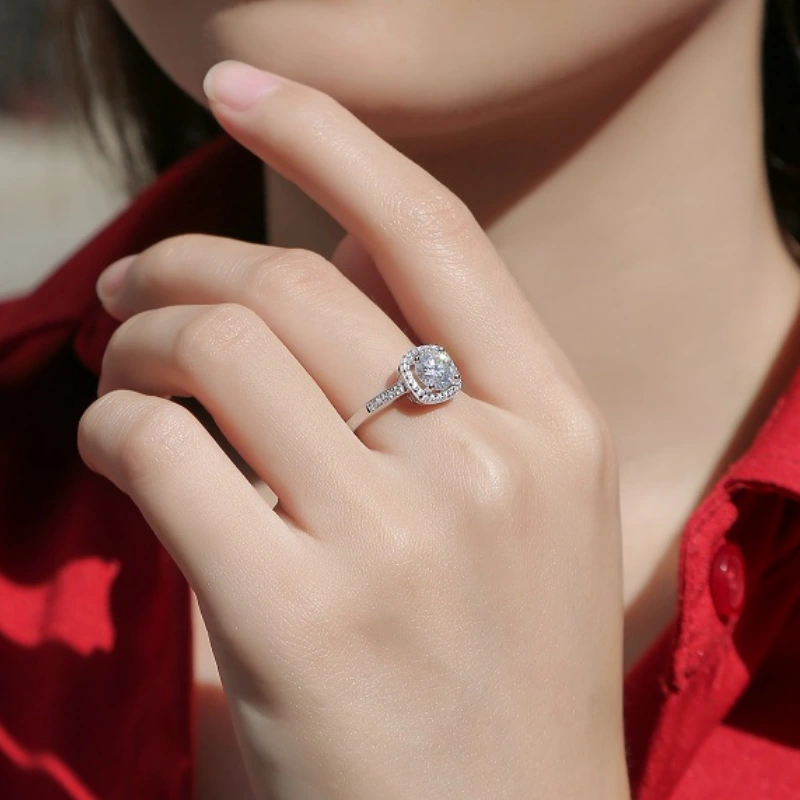 Aurora Cushion Halo Moissanite Ring in Adjustable Sterling Silver – Elegant Sparkling Gift for Women