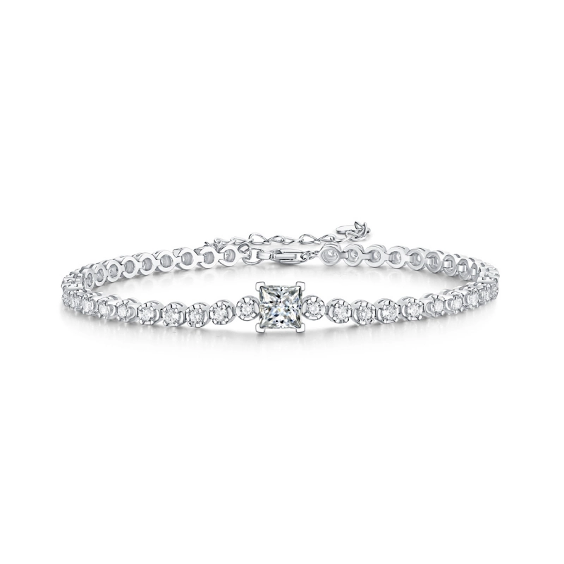 Elegant Celestia princess-cut moissanite tennis bracelet in 925 sterling silver – romantic gift for couples, anniversary or online purchase