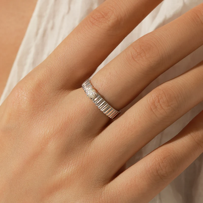 Unisex moissanite ring with retro ribbed band in 925 sterling silver – Classic Vault design by Mireli Jewelry