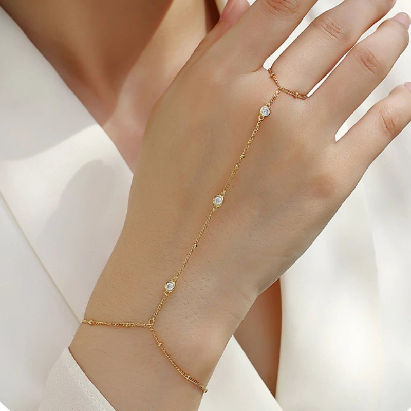 Dainty Gold Moissanite Hand Harness – 925 Sterling Silver Chain Bracelet with Attached Ring, Elegant Statement Jewelry for Women