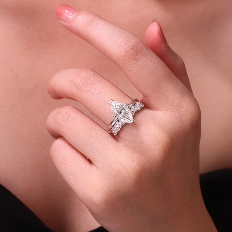 Elegant marquise moissanite stackable ring set in 925 sterling silver, perfect for gifting or daily luxury wear – Mireli Jewelry