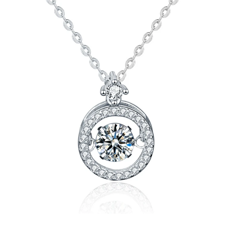 Elegant 925 sterling silver necklace with dancing moissanite round pendant – floating stone jewelry for women and gift occasions
