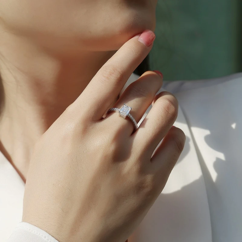 Dazzling Emerald Cut Moissanite Engagement Ring in 925 Sterling Silver with Pavé Band – Elegant Jewelry Gift for Women by Mireli Jewelry