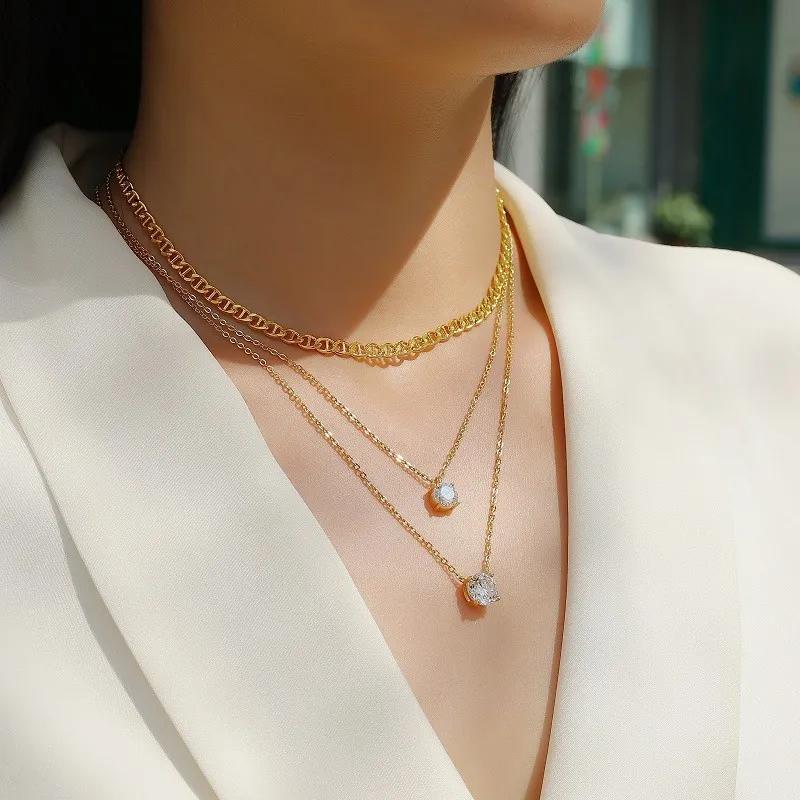 Delicate triple-layer gold moissanite pendant necklace for women – elegant choker set by Mireli Jewelry