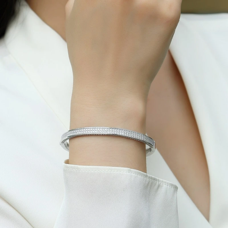 Elegant double row moissanite tennis bangle bracelet in wide 925 sterling silver – luxury gift cuff for women