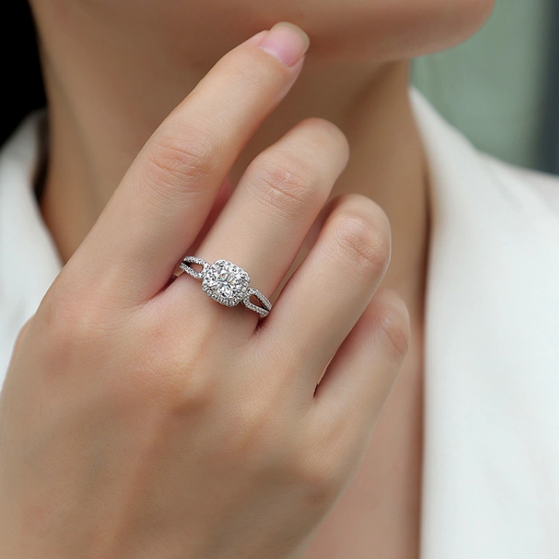 1.1CT cushion cut moissanite engagement ring with halo and split shank design in 925 sterling silver by Mireli Jewelry