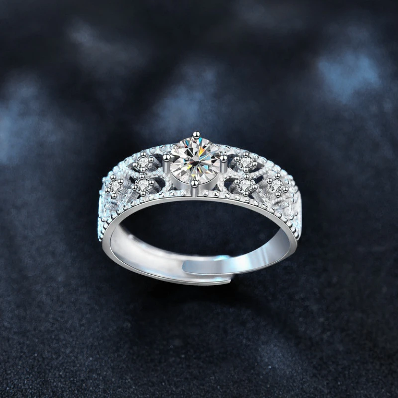 Elegant adjustable moissanite ring with pavé accents and open band in sterling silver – luxury jewelry gift for women