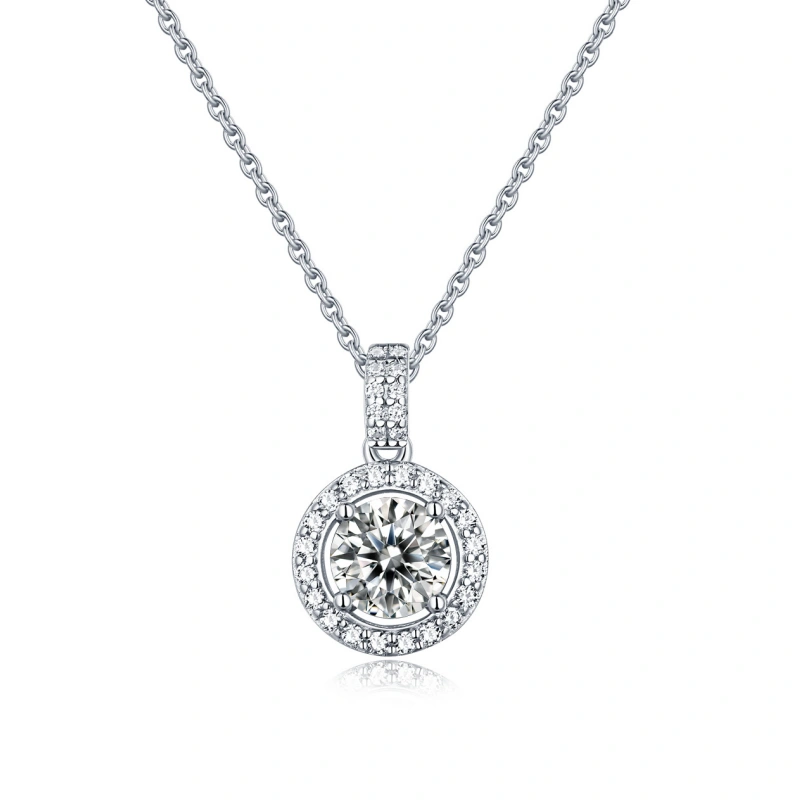 Elegant 925 sterling silver moissanite necklace for women with 1–5 carat round cut halo pendant, romantic gift for her