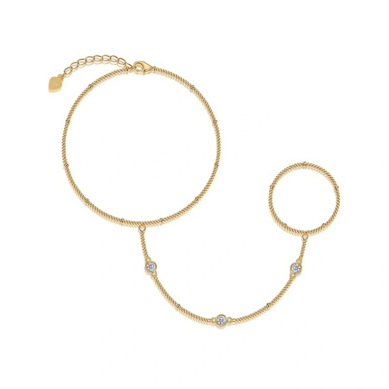 Gold Moissanite Hand Chain Bracelet Ring – Dainty 925 Sterling Silver Jewelry Connecting Ring and Bracelet for Women