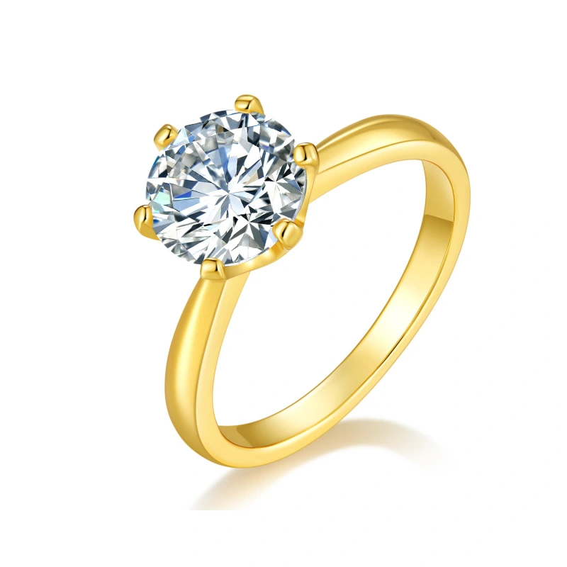 Golden Solis Moissanite Solitaire Ring in 18K Gold Plated 925 Sterling Silver with 6-Prong Minimalist Design, 1–2 CT Sparkling Stone for Women