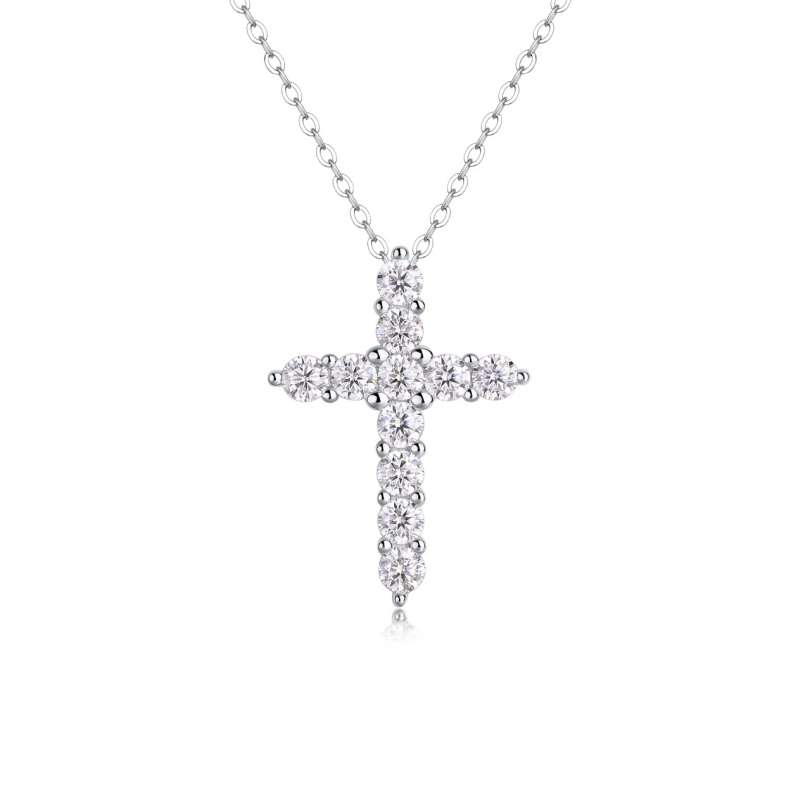 Halo Grace Moissanite Cross Necklace in 925 Sterling Silver – Minimalist Religious Jewelry for Women, Elegant Faith Gift for Her