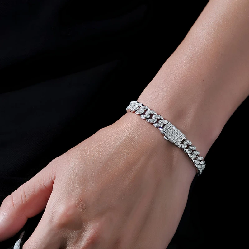 High-polish moissanite Cuban link bracelet in 925 sterling silver, iced out hip hop jewelry for couples, stylish and elegant gift option