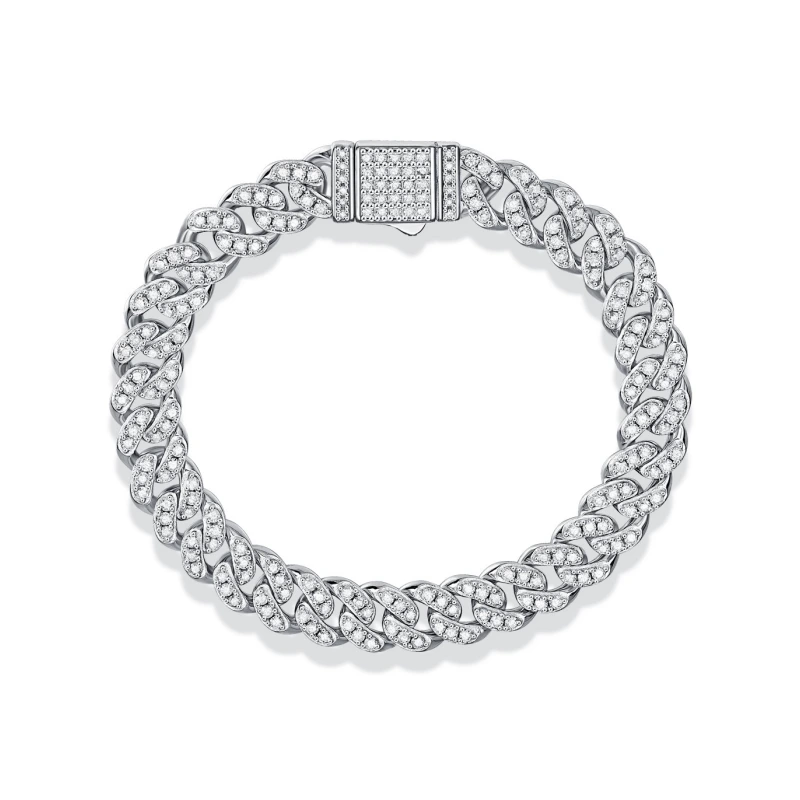 Iced out Cuban link bracelet with sparkling moissanite stones in 925 sterling silver, unisex hip-hop style chain for men and women