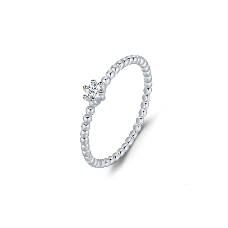 Lumi round moissanite solitaire ring with beaded 925 sterling silver dainty band, elegant women’s engagement jewelry gift