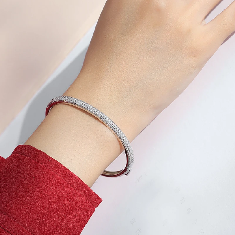 Moissanite Bangle Bracelet – Delicate Adjustable Pavé Cuff in 925 Sterling Silver for Elegant Women’s Jewelry
