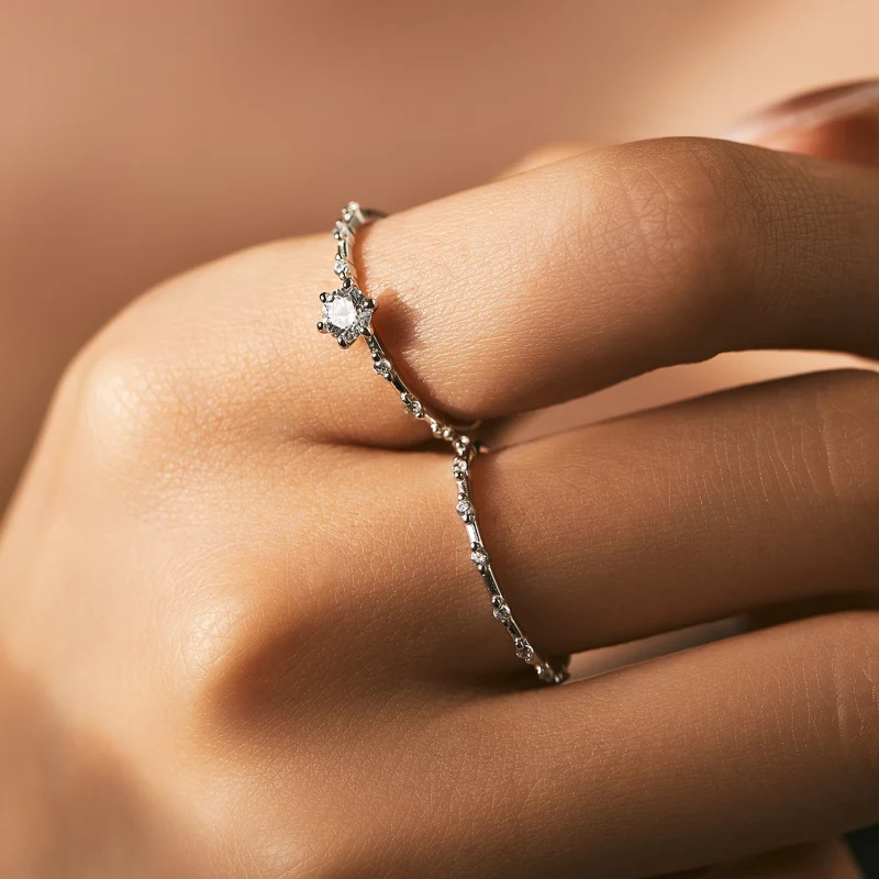 Moissanite promise and wedding ring set – D color stacking bands in 925 sterling silver for elegant bridal jewelry