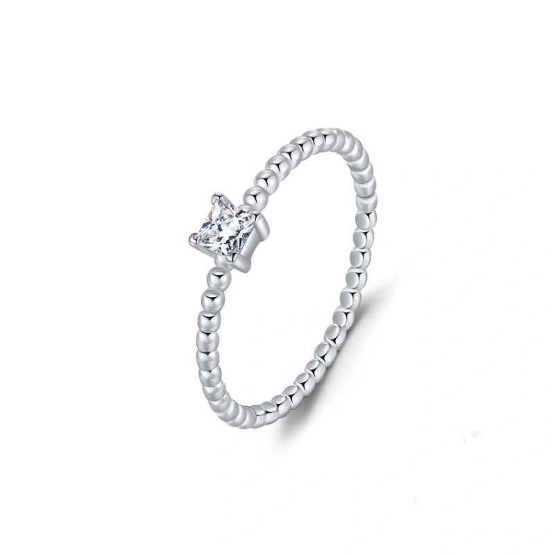 Dainty princess cut moissanite ring with beaded 925 sterling silver band – minimalist romantic jewelry by Mireli Jewelry