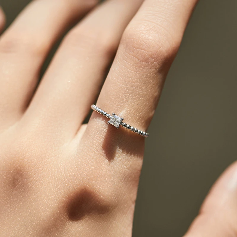 Princess cut moissanite promise ring with delicate beaded 925 silver band – elegant romantic jewelry by Mireli Jewelry
