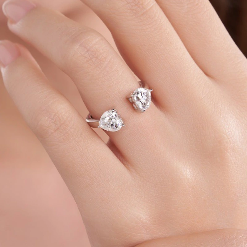 Romantic Adjustable Open Ring with Double 1CT Heart Shaped Moissanite in Sterling Silver – Mireli Jewelry
