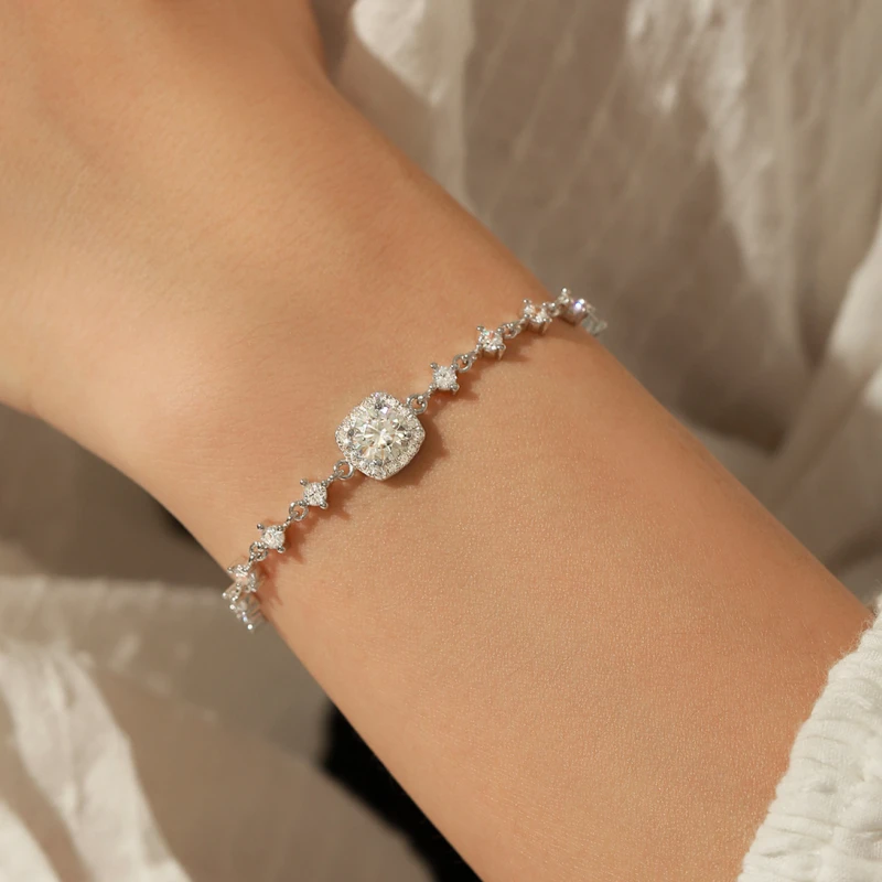 Sugar Halo Tennis Bracelet with 0.8CT Cushion Moissanite in 925 Sterling Silver – Elegant Gift for Women