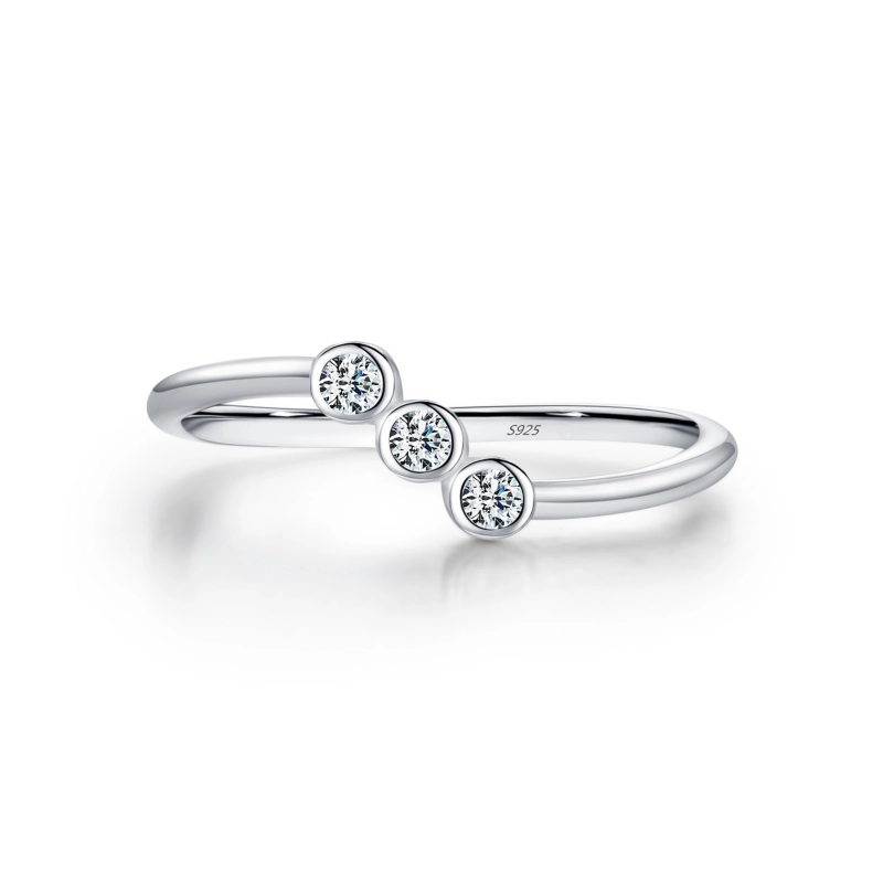 Asymmetrical 3-stone moissanite ring in D color, set in 925 sterling silver with dainty stacking band – elegant gift for her