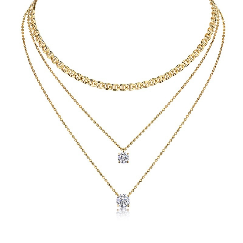 Minimalist triple layer gold pendant necklace with moissanite stones – elegant dainty choker set for women by Mireli Jewelry