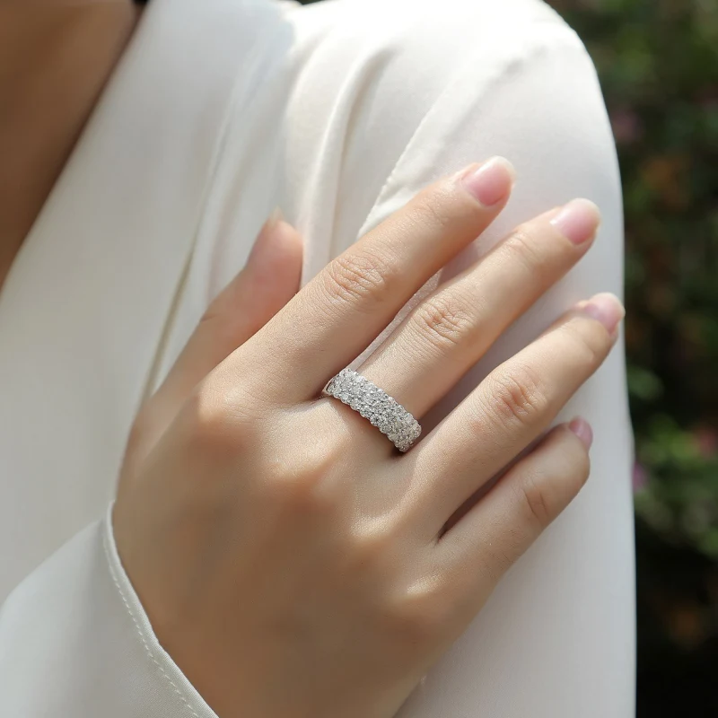 Triple Row Moissanite Ring in Wide 925 Sterling Silver – Elegant Engagement or Promise Band for Women by Mireli Jewelry