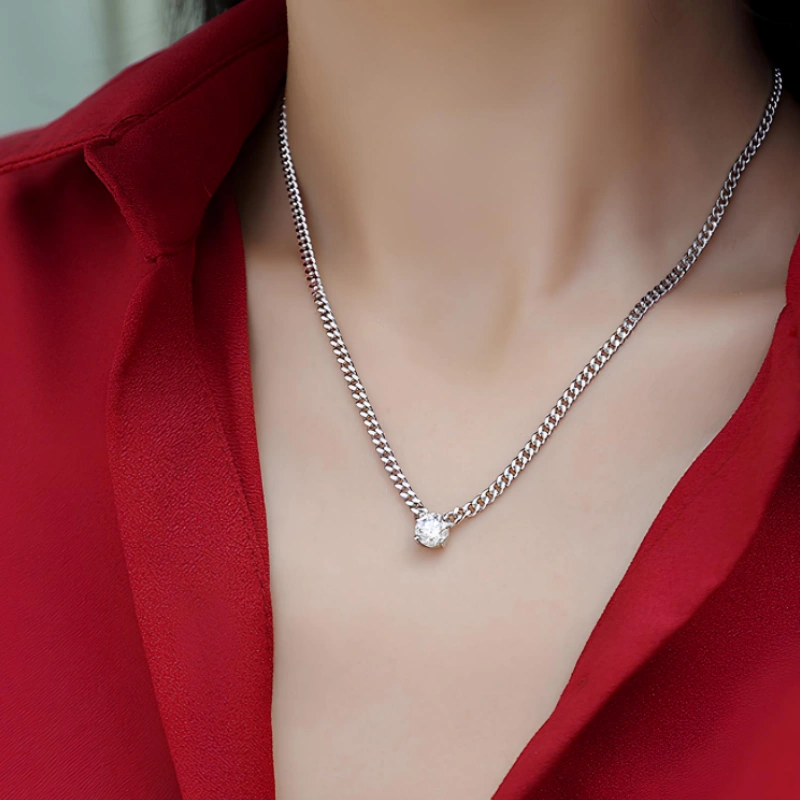 Brilliant Cut Moissanite Cuban Chain Necklace in White Gold Plated S925 Silver – Unisex Jewelry Gift by Mireli Jewelry