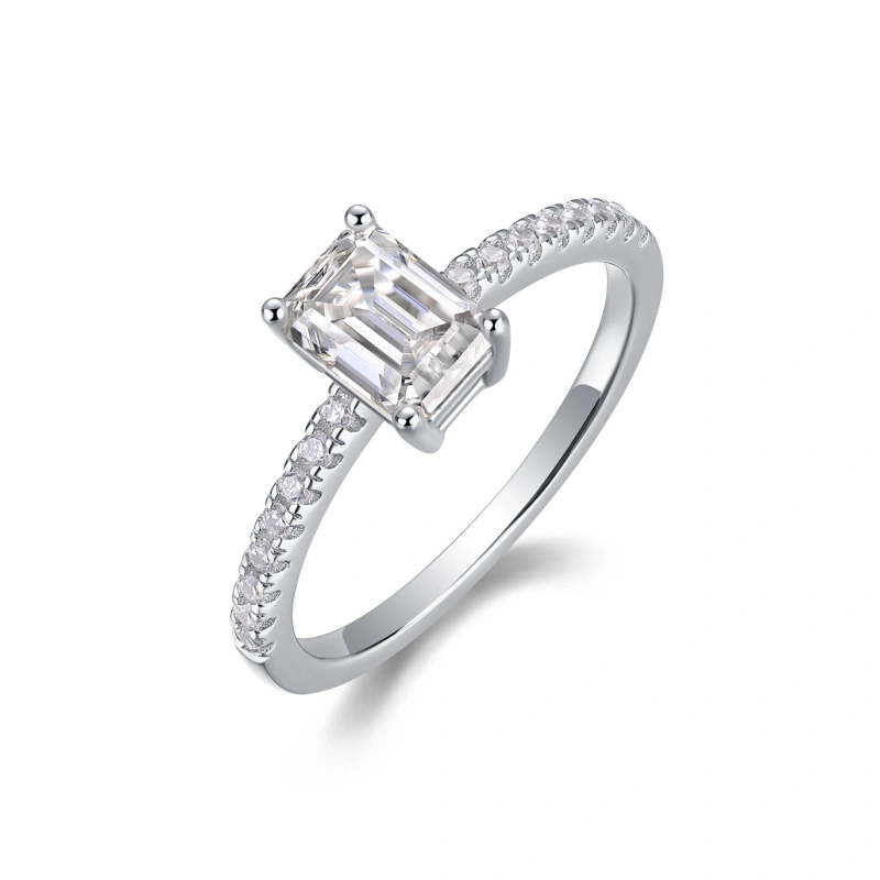 Moissanite Emerald Cut Engagement Ring for Women – Pavé Band in 925 Sterling Silver | Romantic Jewelry Gift by Mireli Jewelry