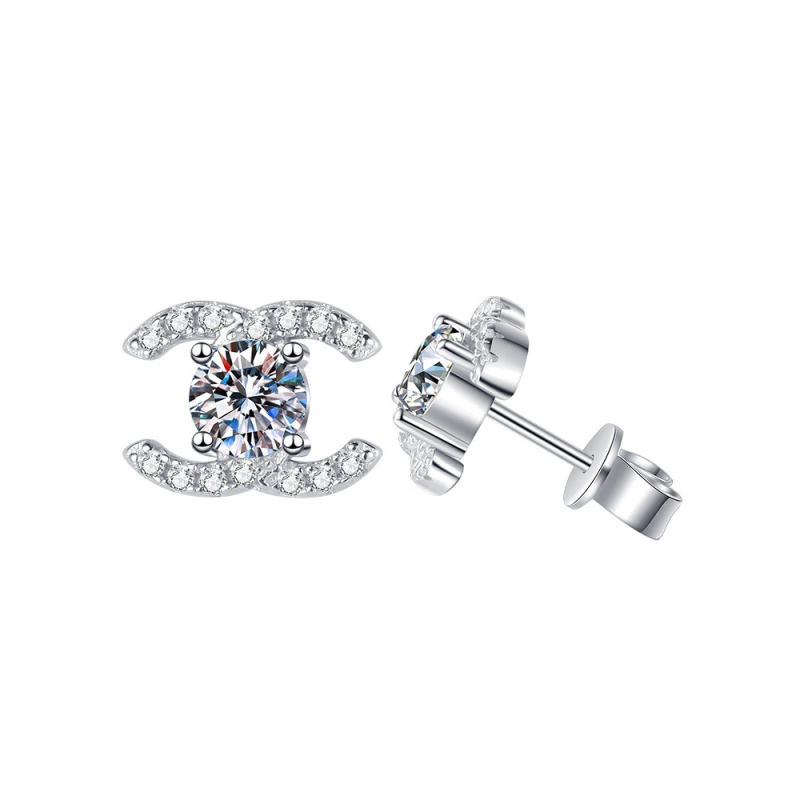 Crystal Embrace Double C Earrings with Moissanite in 18K White Gold Over Sterling Silver – Elegant minimalist stud earrings for women
