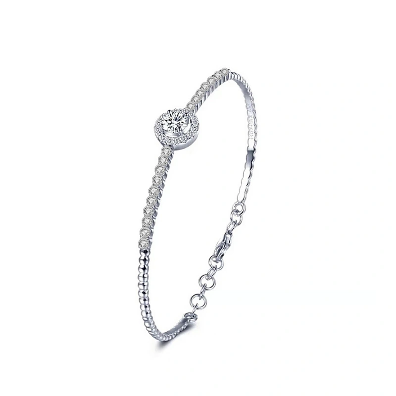 Elegant adjustable moissanite bangle bracelet in 18K white gold plated 925 sterling silver – halo design gift jewelry for women by Mireli Jewelry