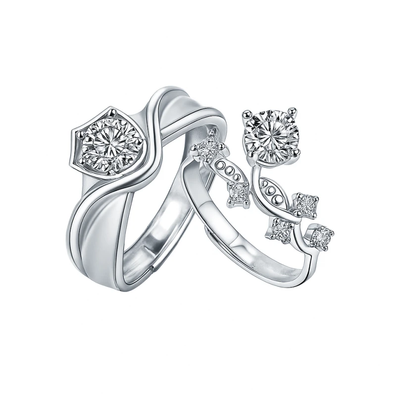 Knight and Princess moissanite couple rings – adjustable 925 sterling silver matching wedding and engagement bands for him and her by Mireli Jewelry