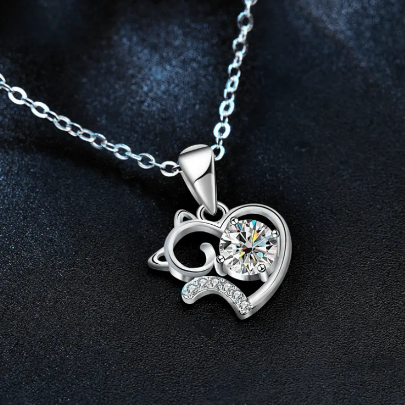 Love Paws Moissanite Cat Necklace – Heart-Shaped Sterling Silver Pendant with Paw and Cat Design for Animal Lovers