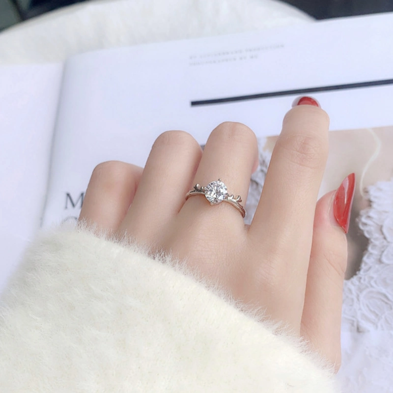 Adjustable moissanite promise ring with deer horn design in 925 sterling silver – romantic Ever Antler Series jewelry for her