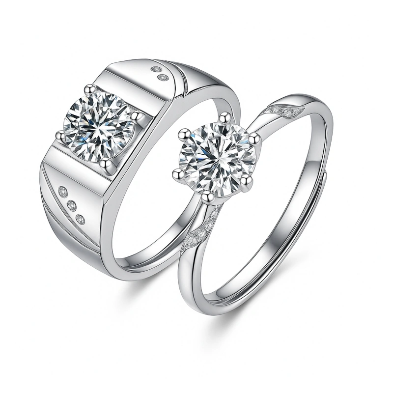 Adjustable 925 sterling silver moissanite promise rings set for couples with engraved design – Mireli Jewelry