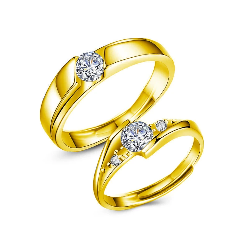 Matching moissanite promise rings in adjustable 925 sterling silver with 18K gold plating, romantic couple jewelry