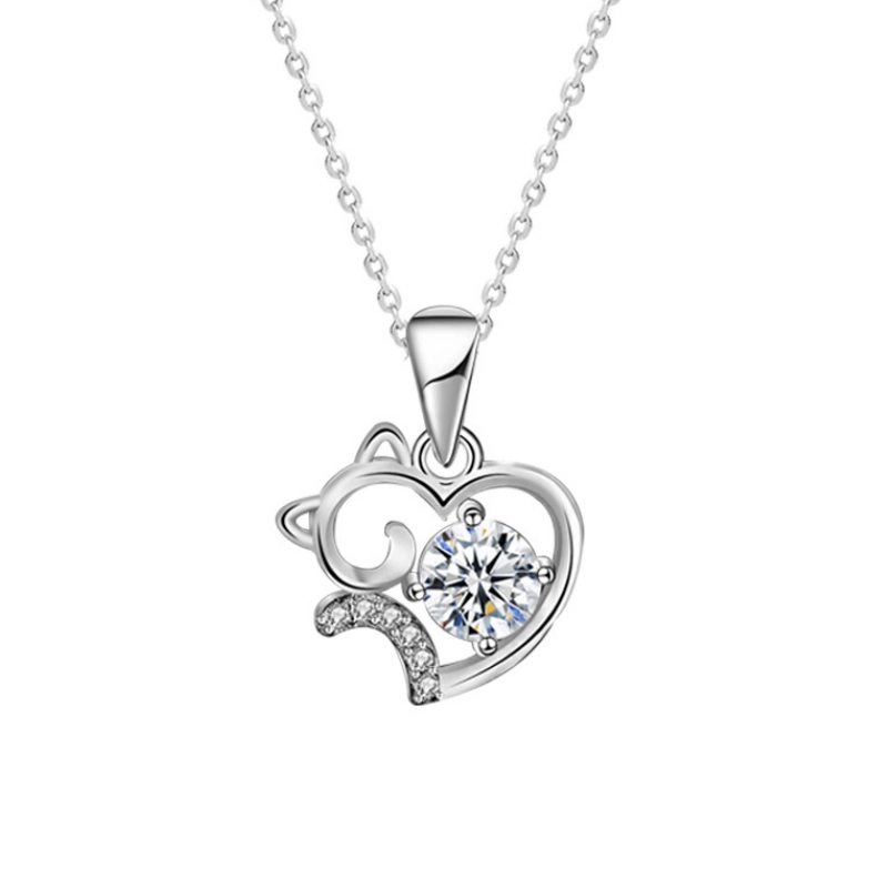 Whisker Heart Moissanite Cat Necklace – Delicate 925 Sterling Silver Pendant with Feline-Inspired Heart Design